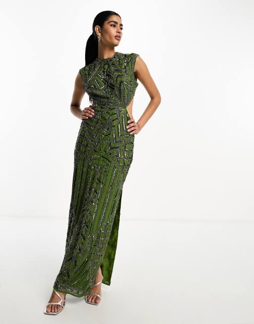 ASOS DESIGN embellished high neck cut out waist maxi dress in green