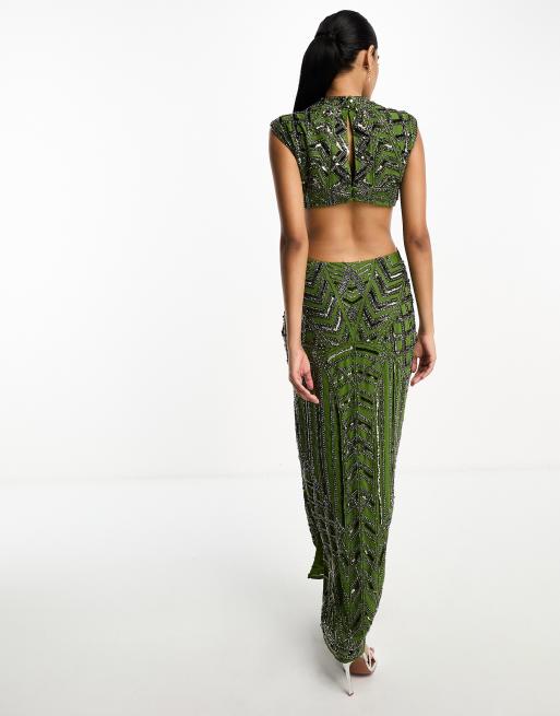 ASOS DESIGN embellished high neck cut out waist maxi dress in green