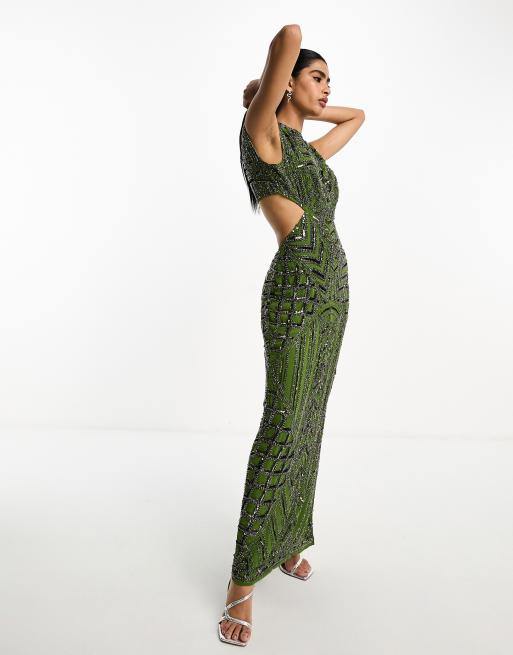 ASOS DESIGN embellished high neck cut out waist maxi dress in