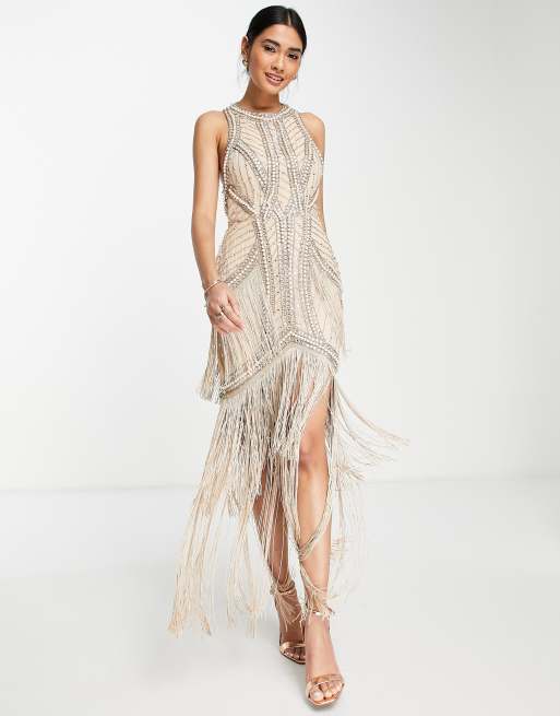 ASOS DESIGN embellished high neck maxi dress with fringe hem