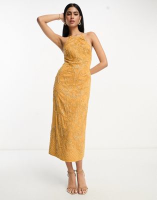 ASOS DESIGN embellished high neck midi dress with mirror beading detail in mustard - ASOS Price Checker