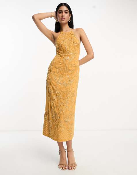 ASOS EDITION broderie wrap belted midi dress in lemon