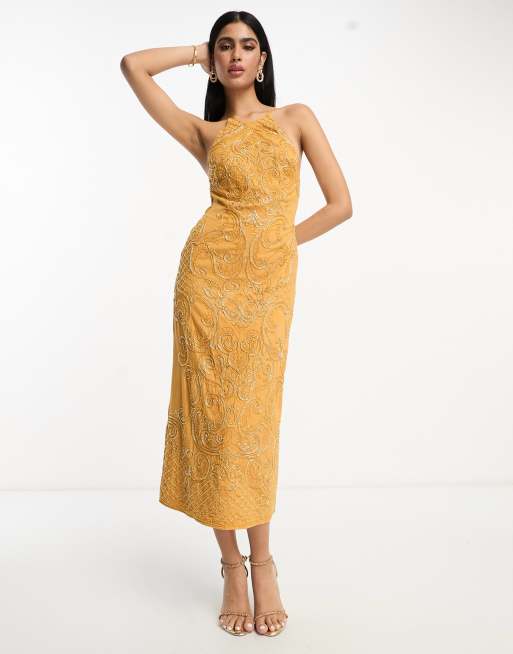 ASOS DESIGN embellished high neck midi dress with mirror beading detail in mustard