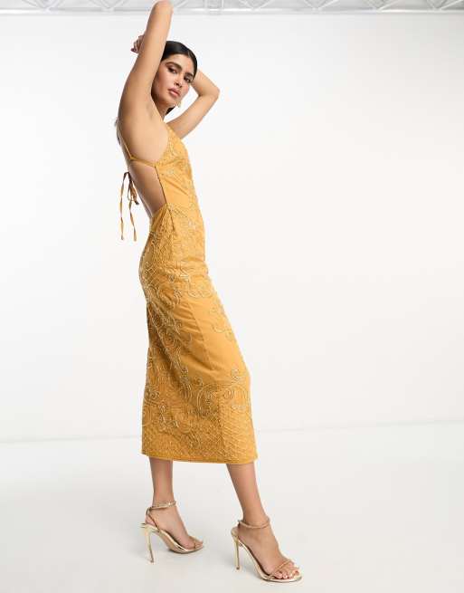 ASOS DESIGN embellished high neck midi dress with mirror beading detail in mustard