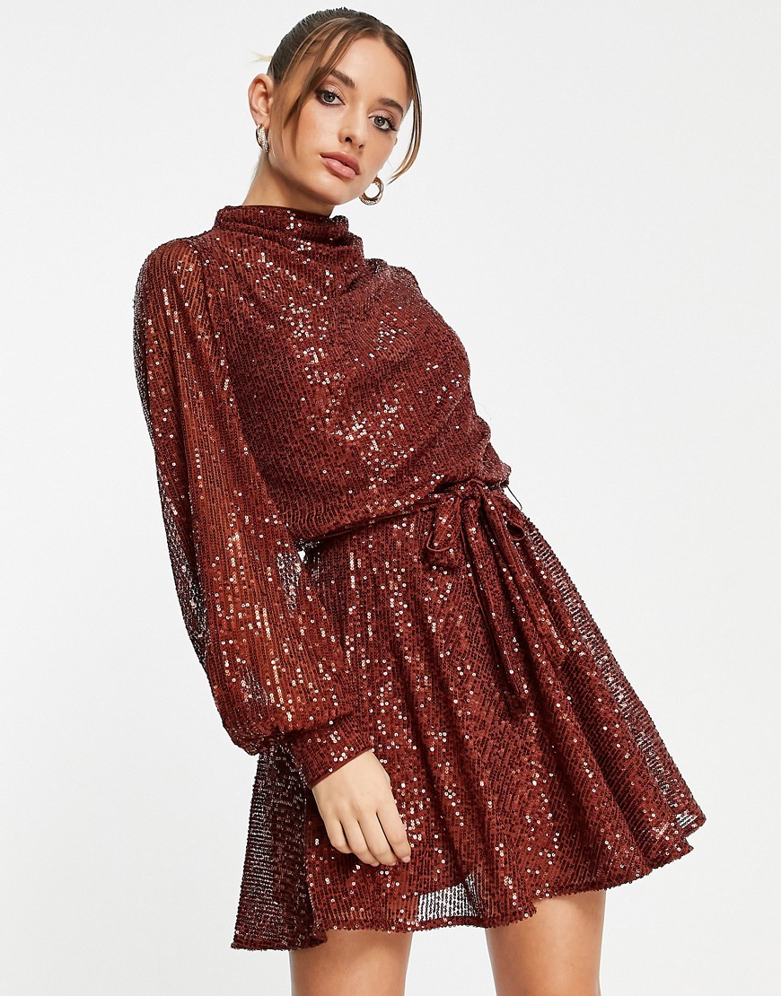 ASOS DESIGN embellished high neck mini dress with blouson sleeves and self belt-Brown