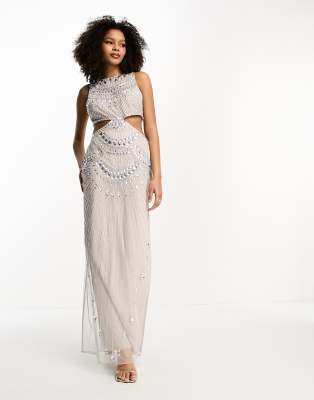 Asos Design Embellished Jeweled Mesh Cut Out Maxi Dress In Beige-white