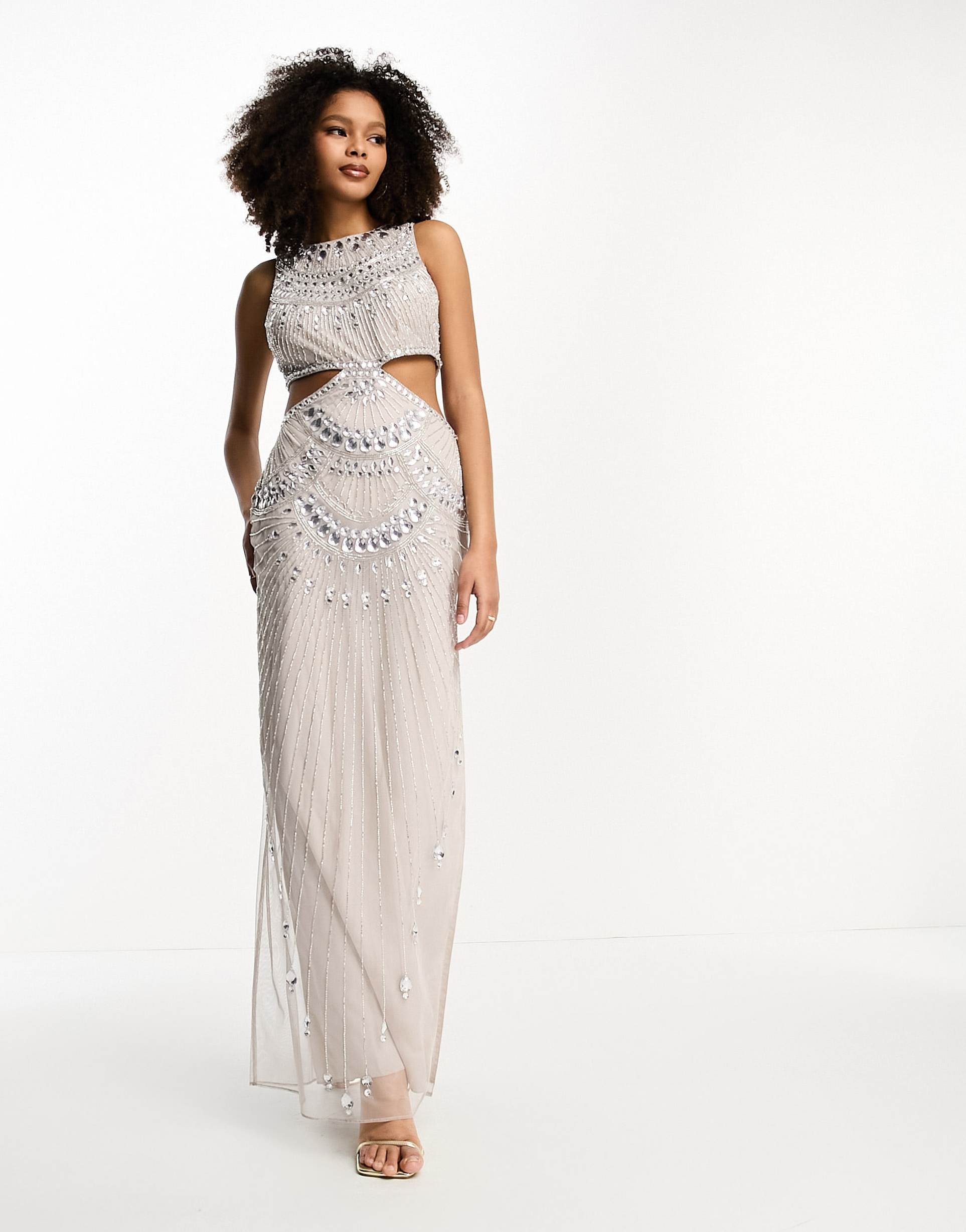 asos design embellished jeweled mesh cut out maxi dress in beige