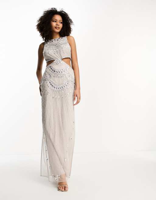 ASOS DESIGN Embellished Jeweled Mesh Cut Out Maxi Dress In