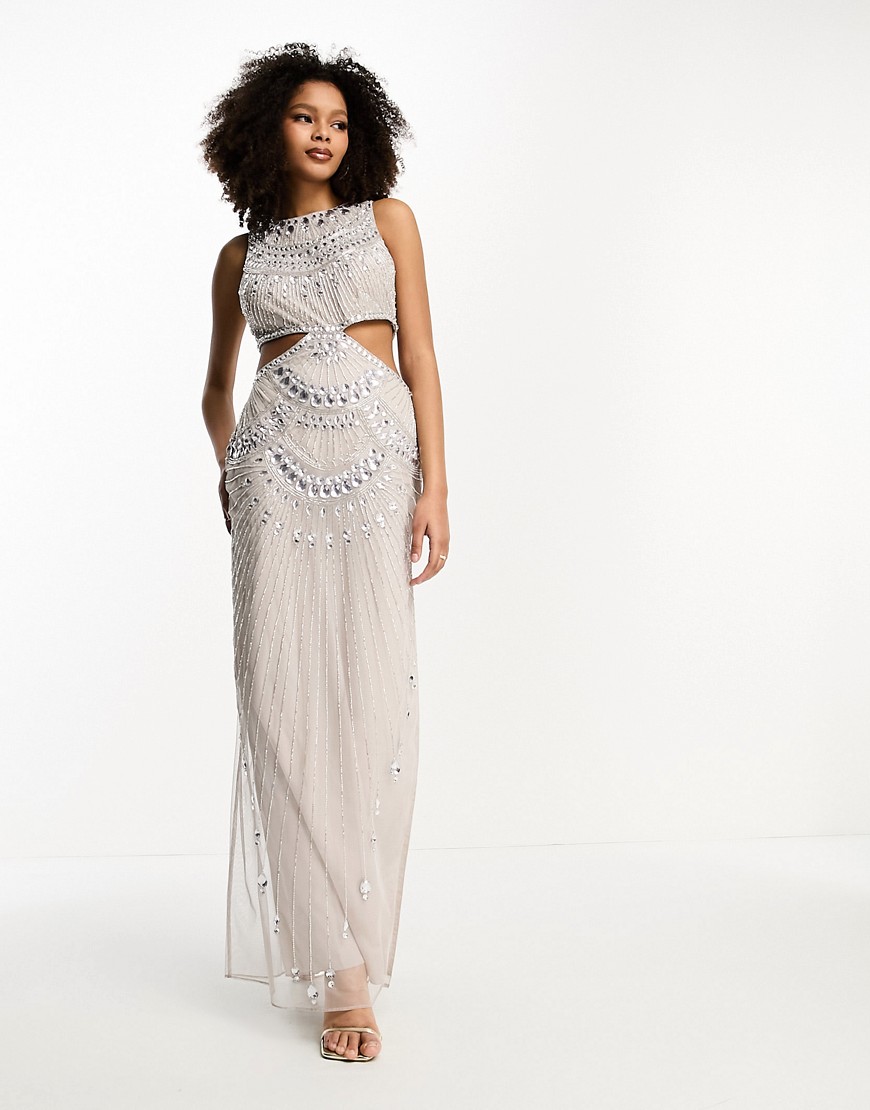 ASOS DESIGN embellished jewelled mesh cut out maxi dress in beige-White