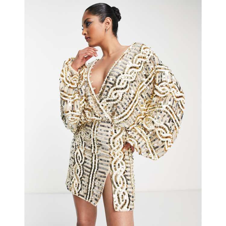 ASOS DESIGN embellished kimono mini dress with cable artwork detail in gold