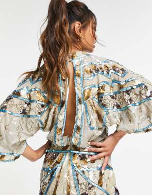 sequin kimono mini dress TFNC Petite sequin kimono top mini dress in gold