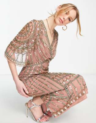 asos design kimono midi dress with delicate beaded embellishment embellished gem detail Collection_Dresses Always remember Navy Blue Bridesmaid Dress Floral print Color:Rose Gold*