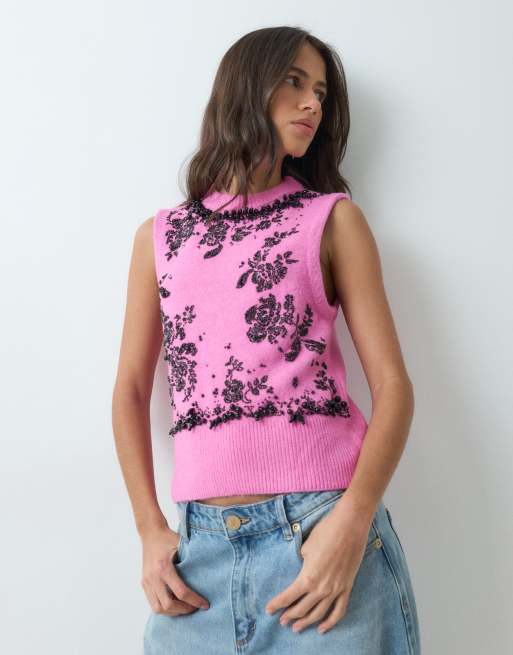 ASOS DESIGN embellished knit tank in bright pink, 4 of 5