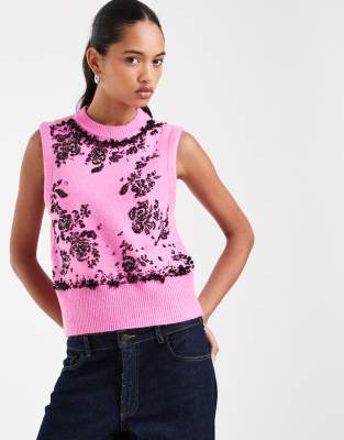 Asos Design Embellished Knitted Tank In Pink