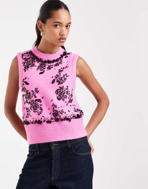 ASOS DESIGN embellished knitted tank in bright pink - view 1