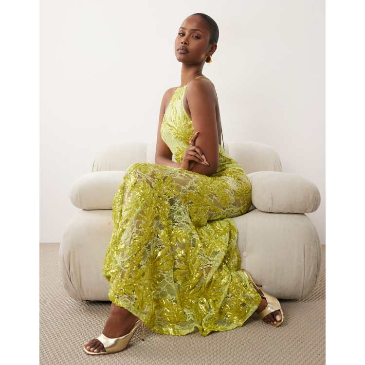 ASOS DESIGN embellished lace high neck maxi dress with full godet hem in  lime | ASOS