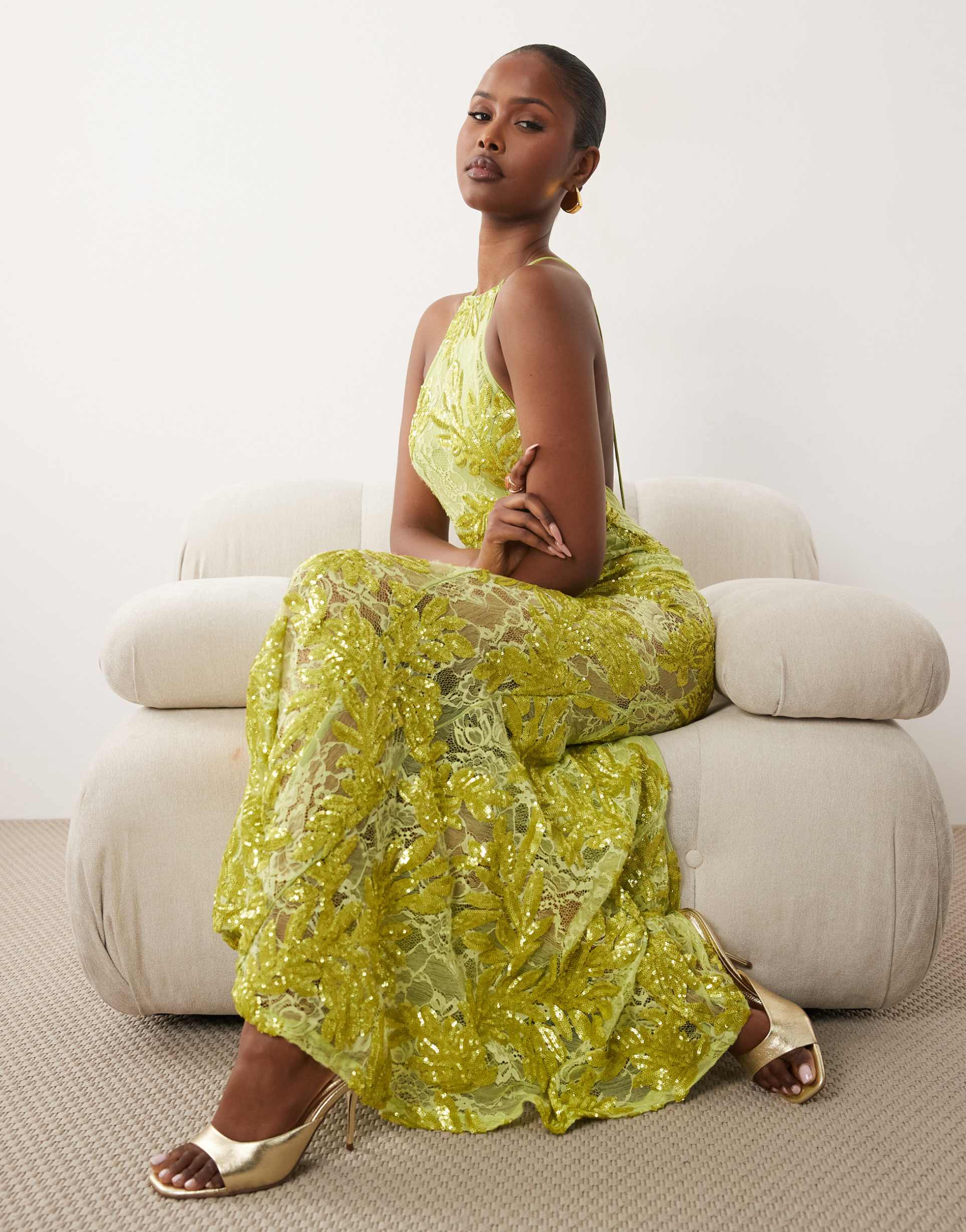 asos design embellished lace high neck maxi dress with full godet hem in lime