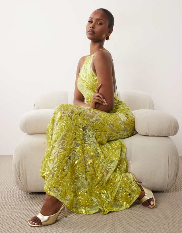 ASOS DESIGN embellished lace high neck maxi dress with full godet hem in lime