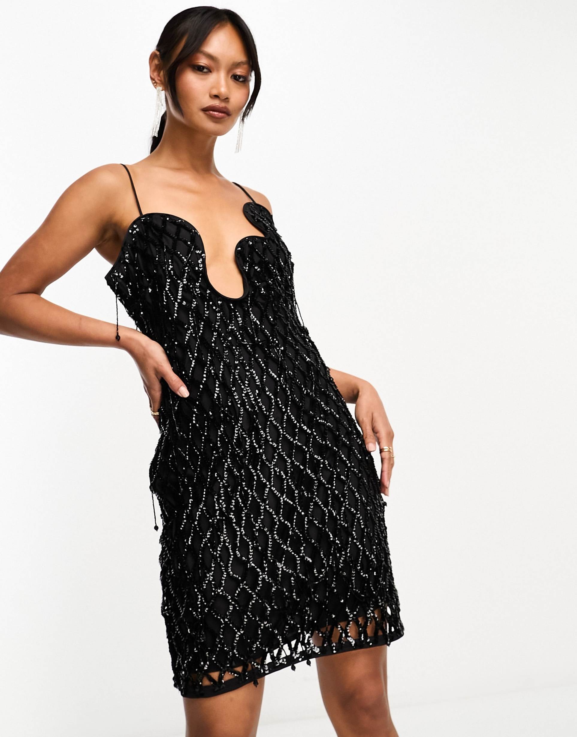 asos design embellished lattice mini dress with fringing and wave neckline in black