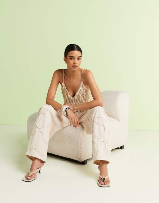ASOS DESIGN embellished linen look v neck cami in cream