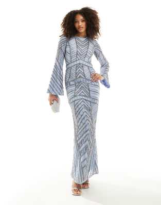 Asos Design Embellished Long Sleeve Chevron Maxi Dress In Cornflower Blue