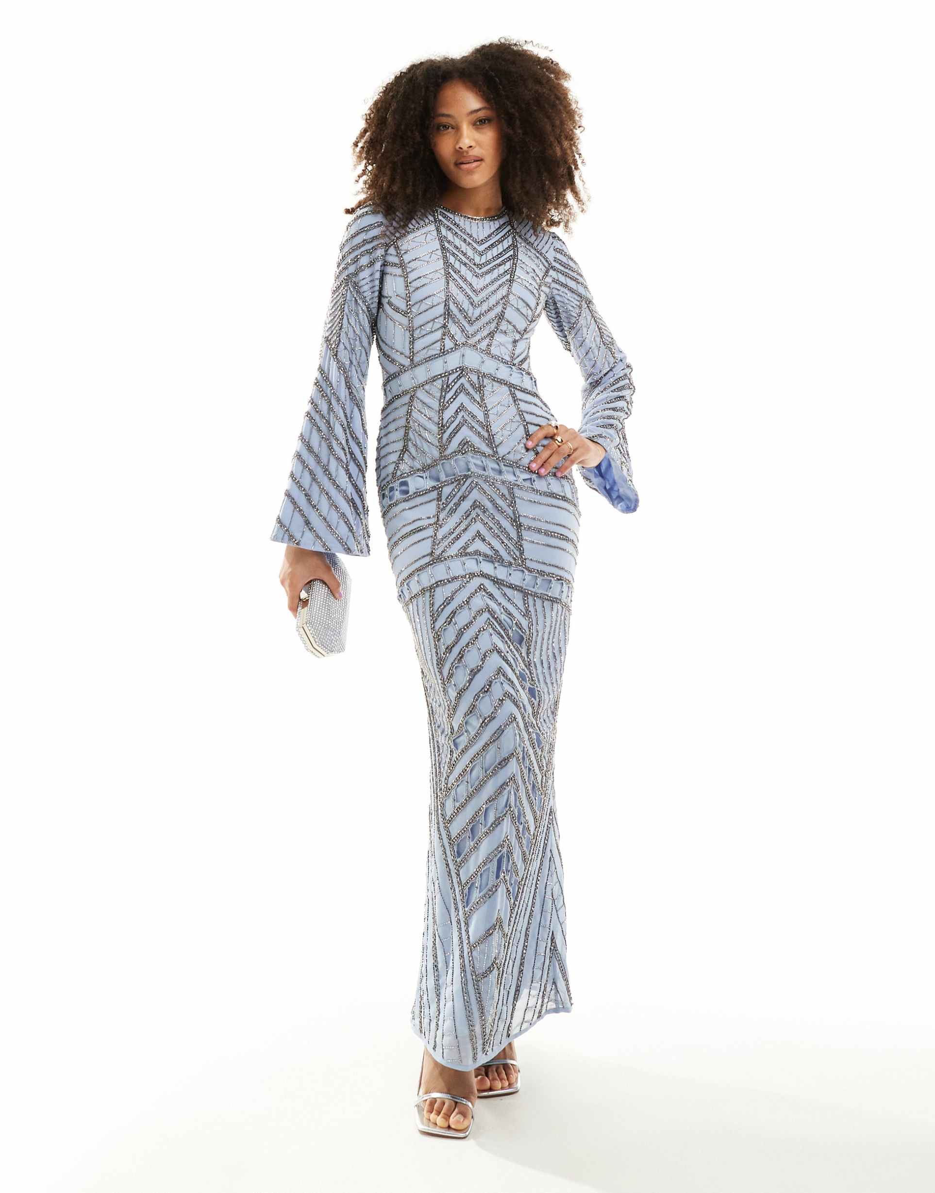 asos design embellished long sleeve chevron maxi dress in cornflower blue