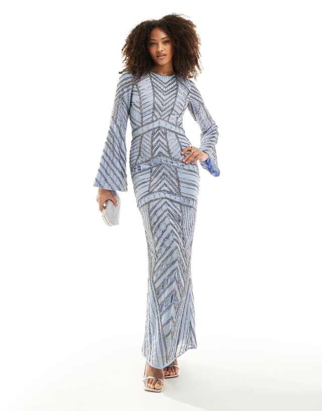 blue and white chevron dress ASOS DESIGN embellished long sleeve maxi in cornflower and flattering body science Martie Mini Dress Navy Size:5.5W