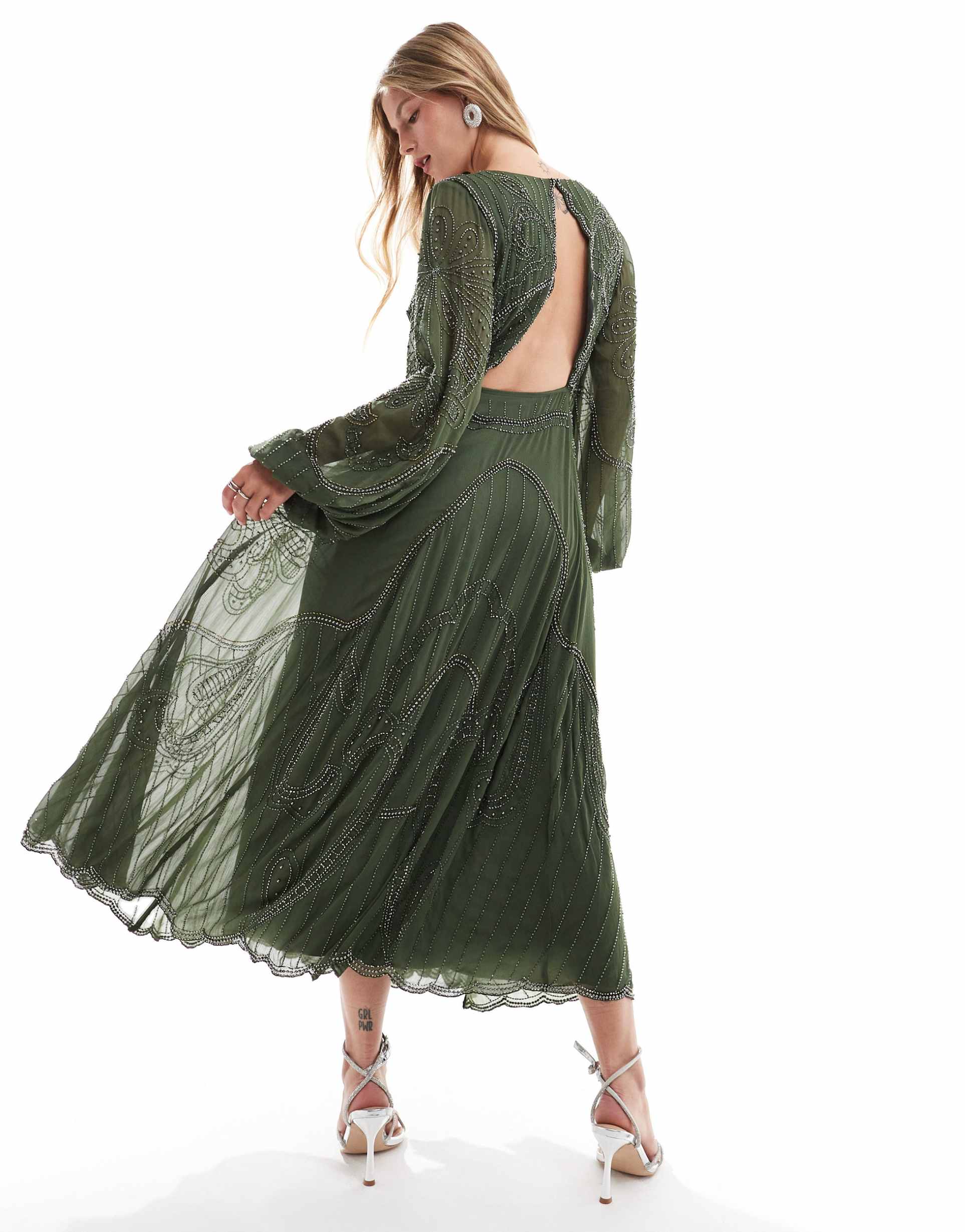 asos design embellished long sleeve cut out midi dress in dark khaki