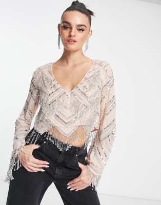 ASOS DESIGN embellished long sleeve festival top with fringe detail in peach