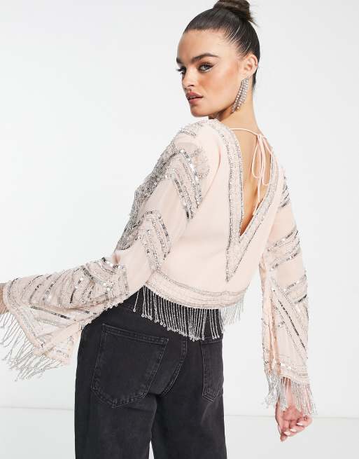 ASOS DESIGN embellished long sleeve festival top with fringe detail in peach