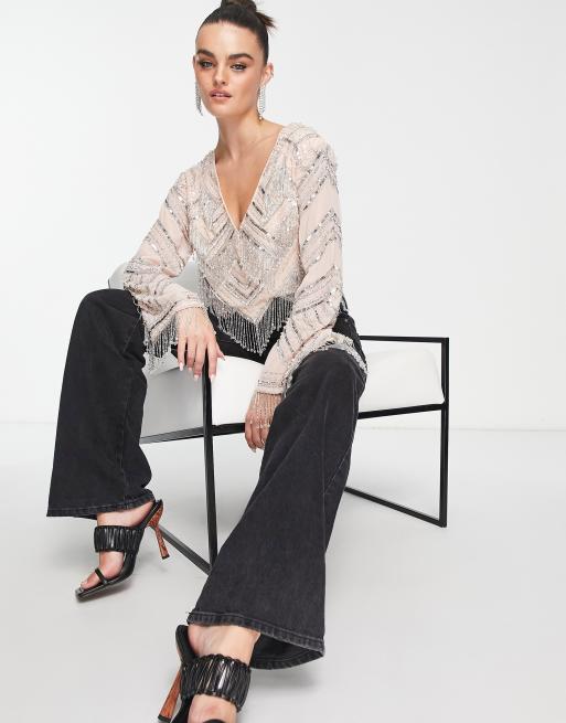 トップス FRINGE OPEN BLOUSE Verdusa Women's Fringe Trim Long Sleeve Button Up Blouse