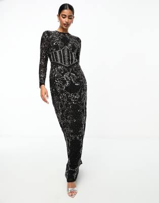 asos design maxi dress with long sleeve embellished bodice ASOS DESIGN long sleeve all over fringe embellished maxi dress in blue