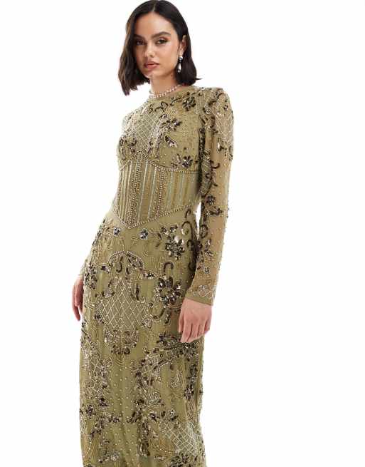 ASOS DESIGN embellished long sleeve maxi dress with floral detail in khaki  | ASOS
