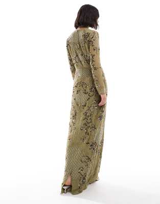 asos design maxi dress with long sleeve embellished bodice Asos Design Embellished Maxi Dress with Godet Skirt and Balloon Sleeve in  Sage Green