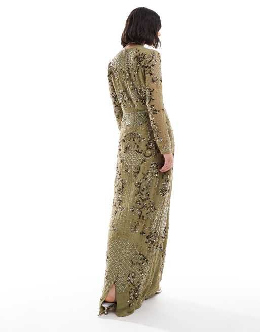 ASOS DESIGN embellished long sleeve maxi dress with floral detail in khaki  | ASOS