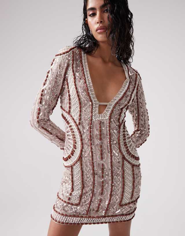 long sleeve beaded dress Fully with satin and one shoulder puff length skirt with a front slit ASOS DESIGN embellished long sleeve