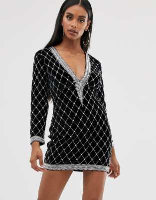 black long sleeve embellished dress