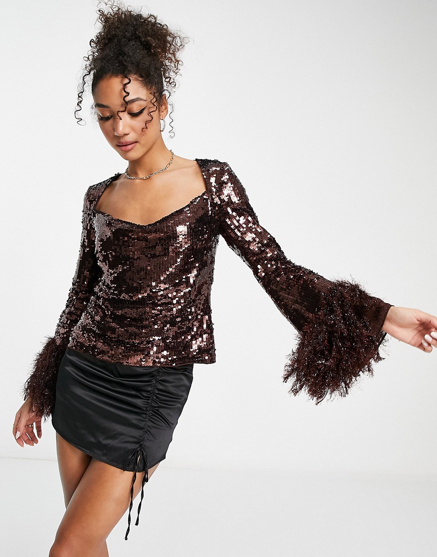 ASOS DESIGN embellished long sleeve top with feather cuff & cowl neck detail in chocolate-Brown