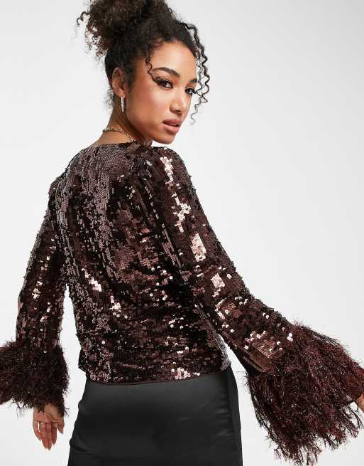 ASOS DESIGN embellished long sleeve top with feather cuff & cowl neck  detail in chocolate