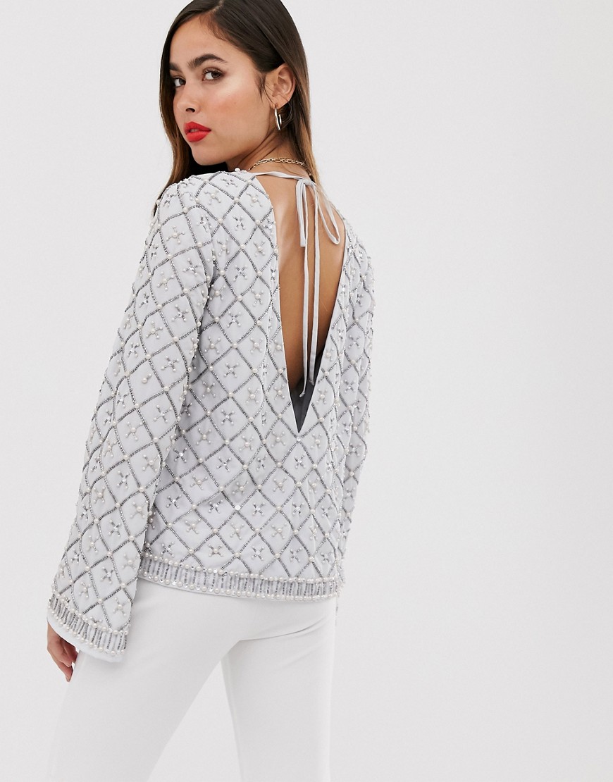 ASOS DESIGN embellished long sleeve top with low back detail-No Colour