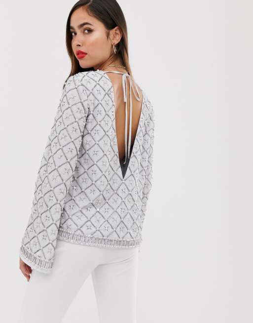 ASOS DESIGN long sleeve top with open back and tie