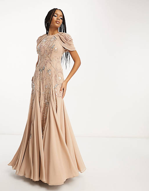ASOS DESIGN embellished maxi dress with godet skirt and drape sleeves in  light pink