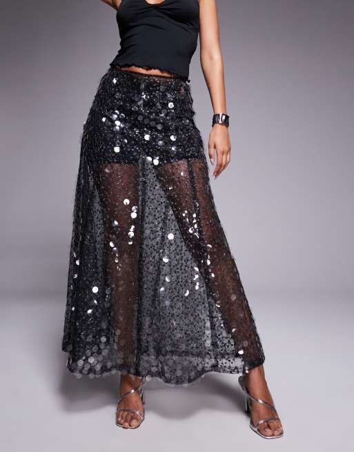 ASOS DESIGN embellished mesh maxi skirt in black