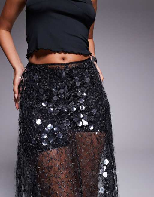 ASOS DESIGN embellished mesh maxi skirt in black