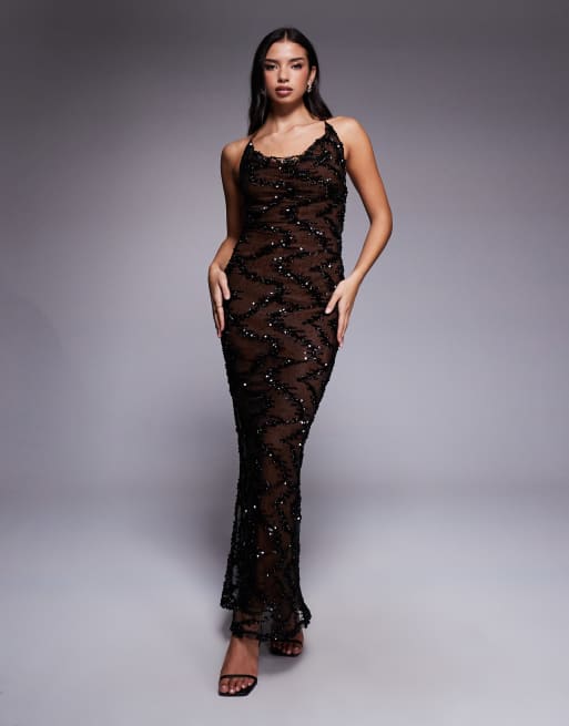 ASOS DESIGN embellished mesh scoop front maxi dress in black