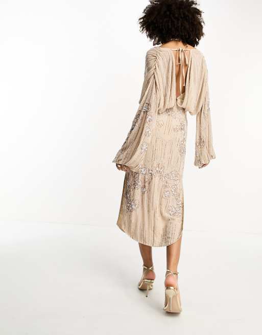 knee length dresses for ladies Rent Asos Edition Tiered Metallic Floral Jacquard Midi Dress In Ivory main image 0