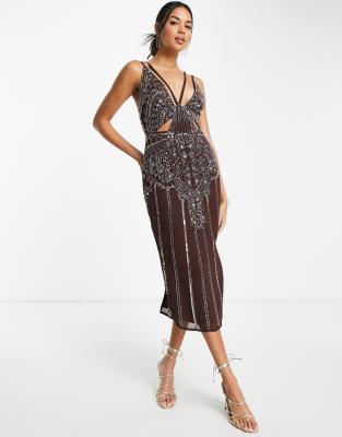 asos design a-line midi dress with cluster embellishment in gold embellished cut out detail Crafted from high