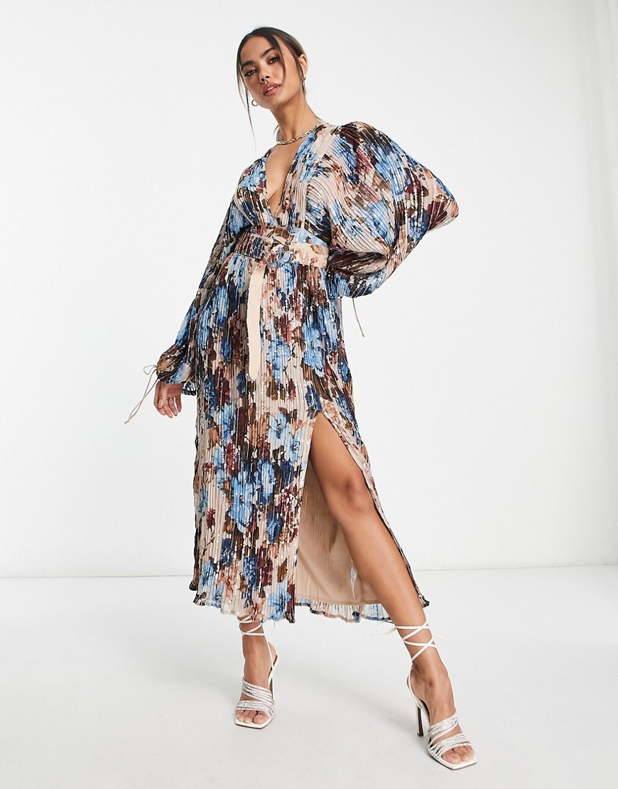 ASOS DESIGN embellished midi dress with extreme blouson sleeve and belt detail with floral print in taupe-Brown