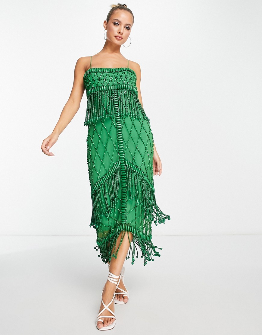 ASOS DESIGN embellished midi dress with fringe detail and wooden beads in green