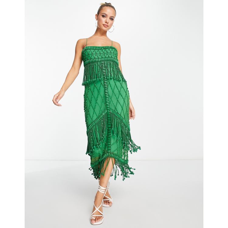 ASOS DESIGN embellished midi dress with fringe detail and wooden beads in  green